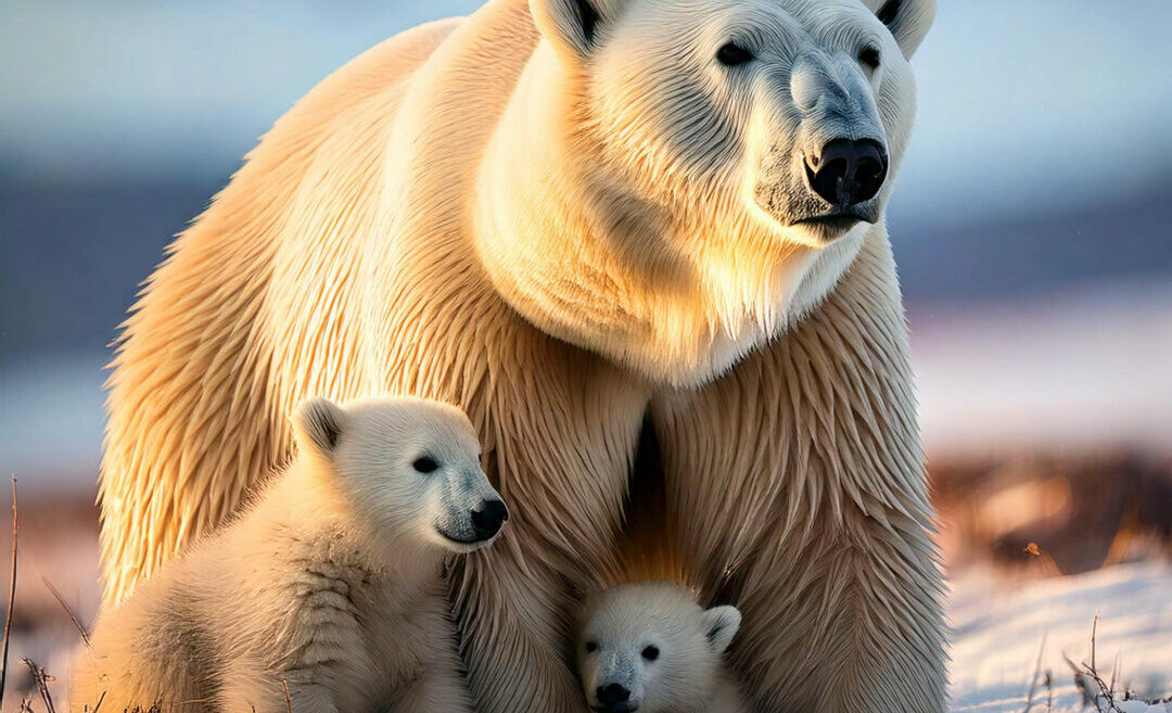 create a real life picture of a Polar bear and 2 cubs living the the artic