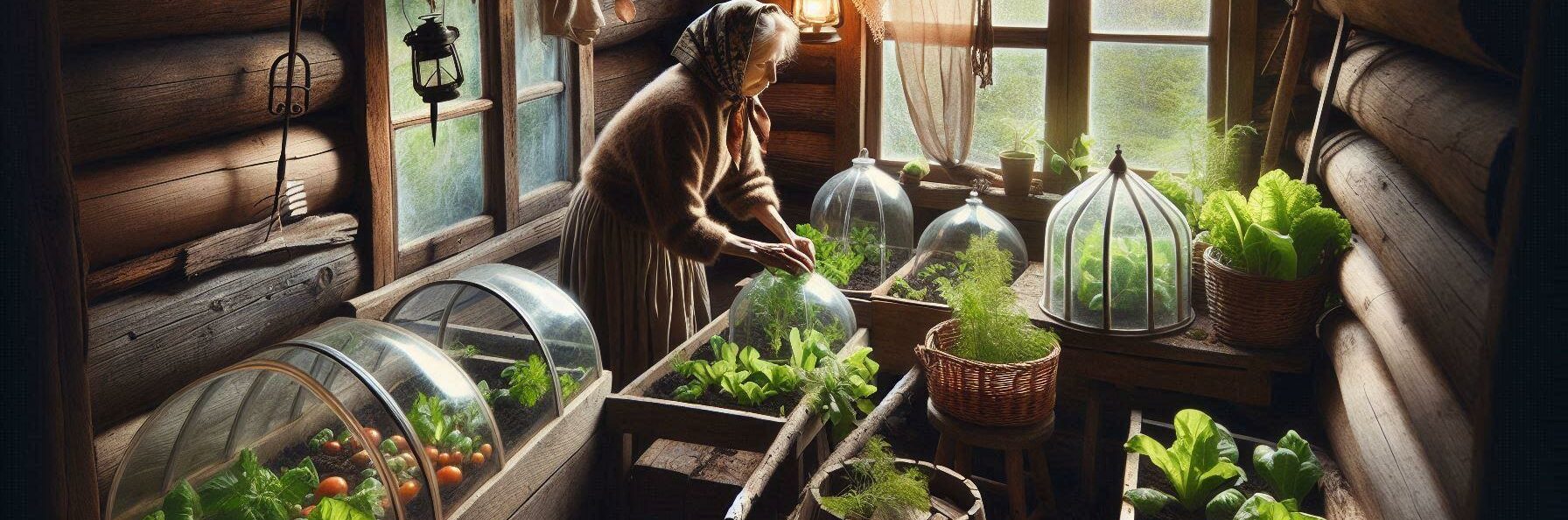 woman in her rustic cabin tending her vegetable garden inside her cabin using Cold frames, and cloches