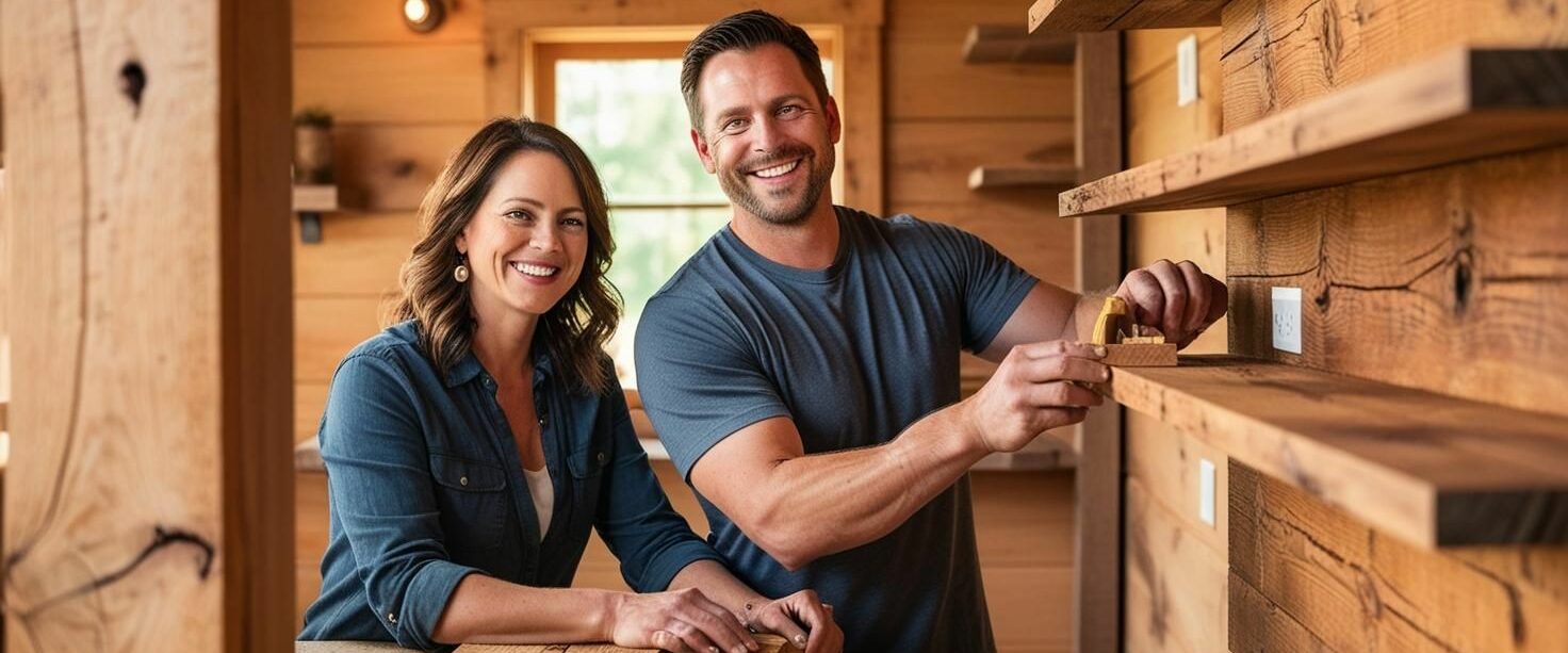 Man and woman putting rustic weathered barn wood in their cabin