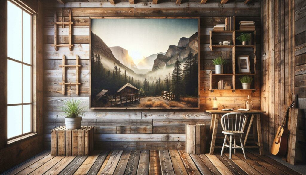 inside of a rustic cabin with weathycled wood on the walls and shelves made out of weathered recycled wood