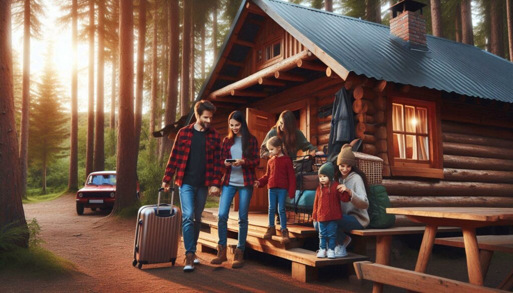 family checking into a cabin they rented in a wilderness park
