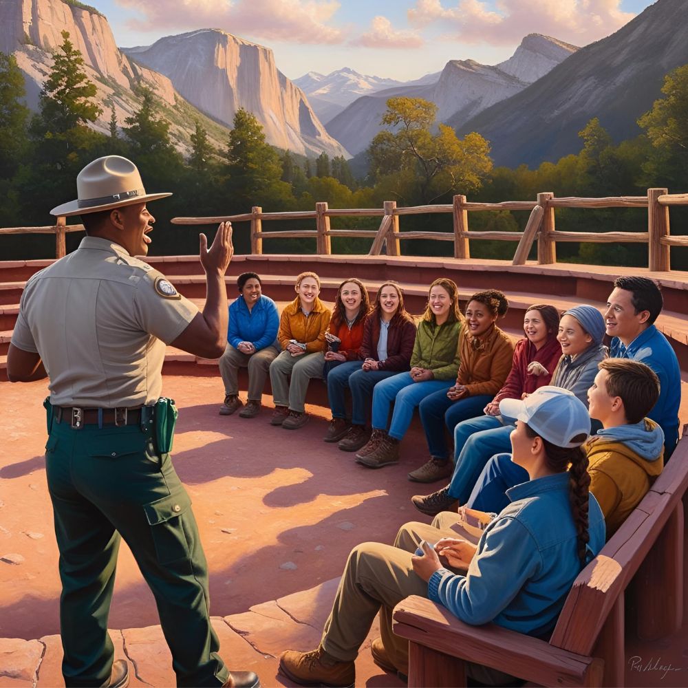 national park ranger giving a demonstration to a small group of people in a small amphitheater.