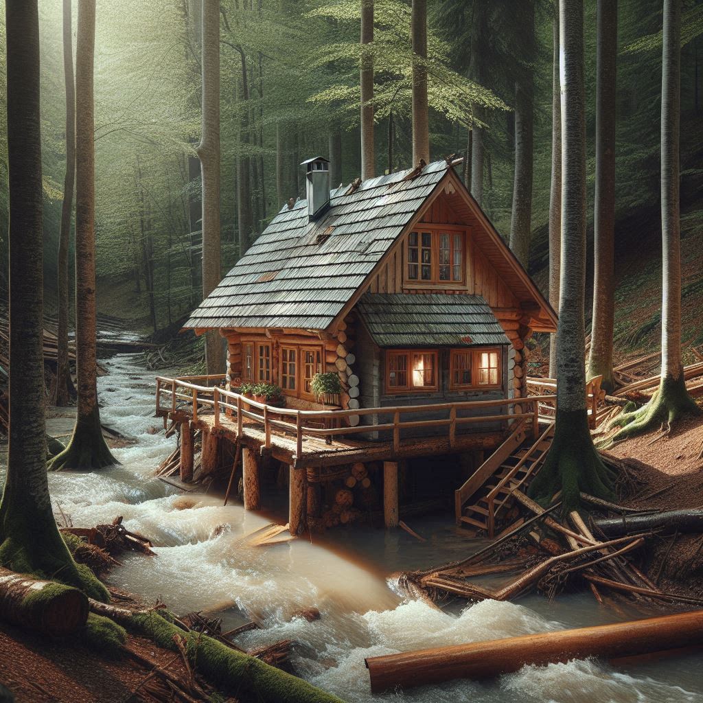 Cabin with structure damage due to water rushing under the cabin