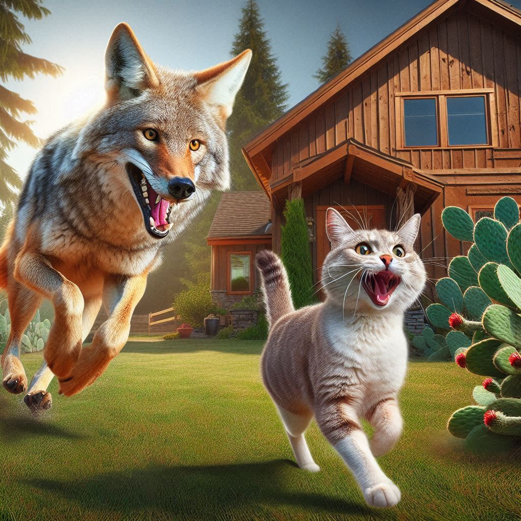 Coyote chasing a domestic cat in the country