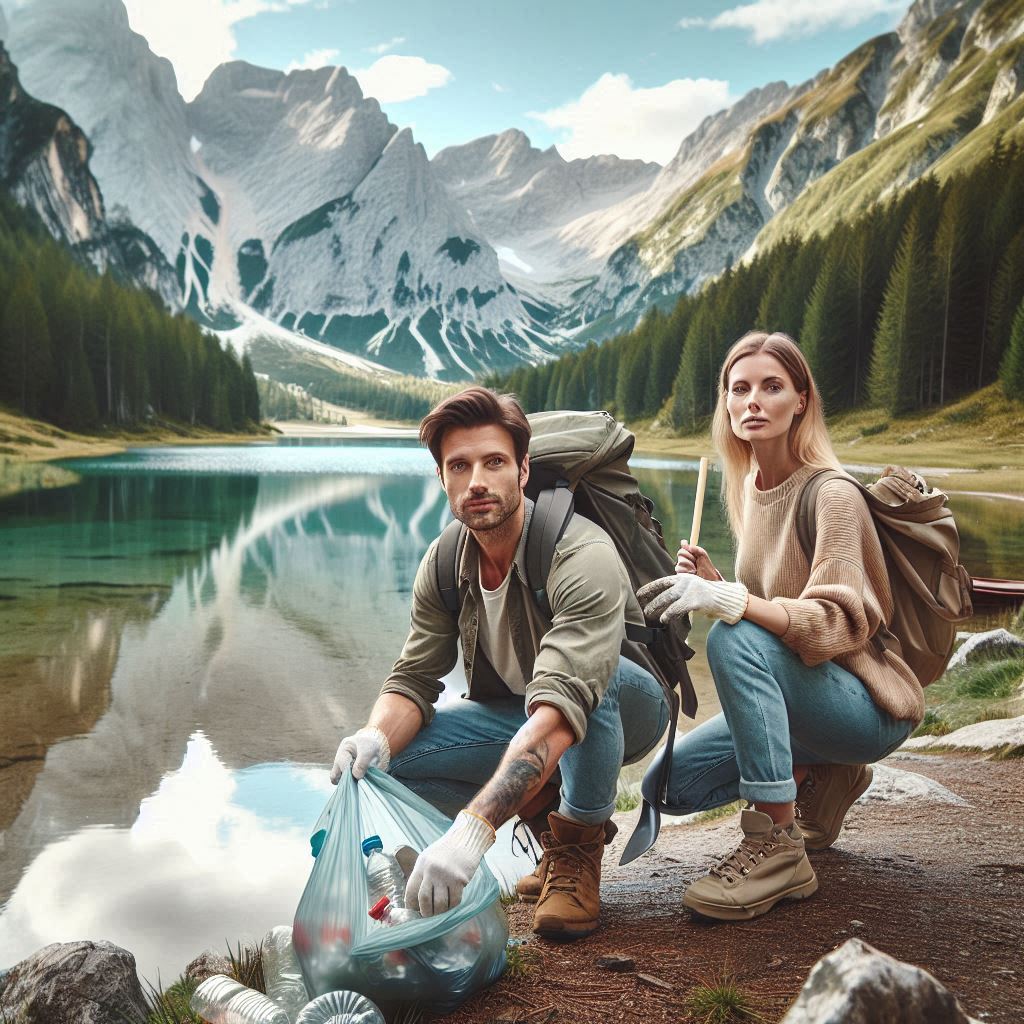 Man and a woman picking up garbage by an alpine lake