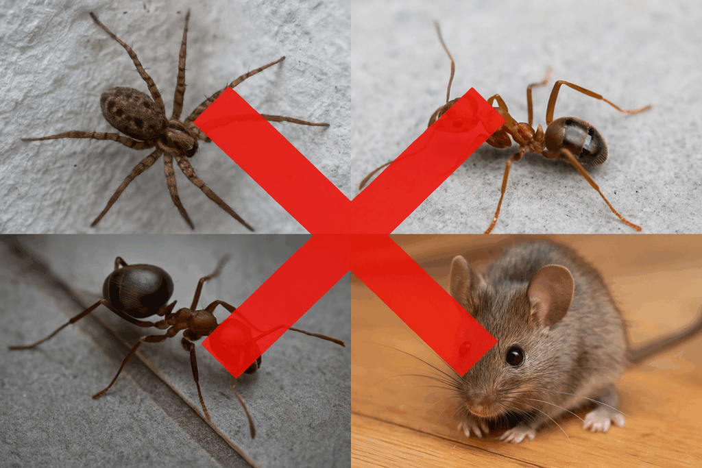 spiders ants and mice with a large red X across the photo