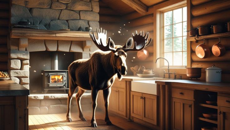 Moose Inside A Cabin's Kitchen
