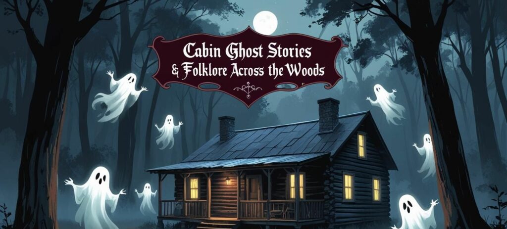 image with ghosts around a cabin with a large caption on top that reads Cabin Ghost Stories & Folklore Across the Woods