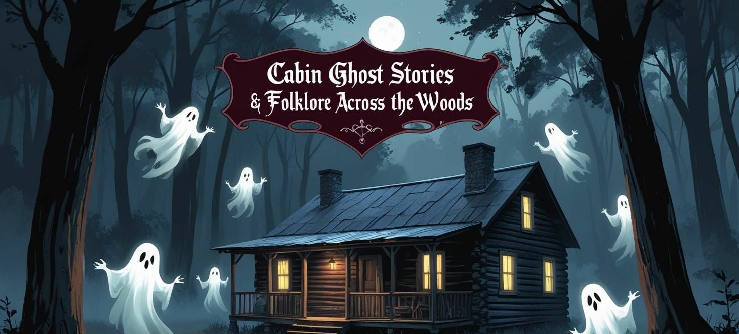 image with ghosts around a cabin with a large caption on top that reads Cabin Ghost Stories & Folklore Across the Woods