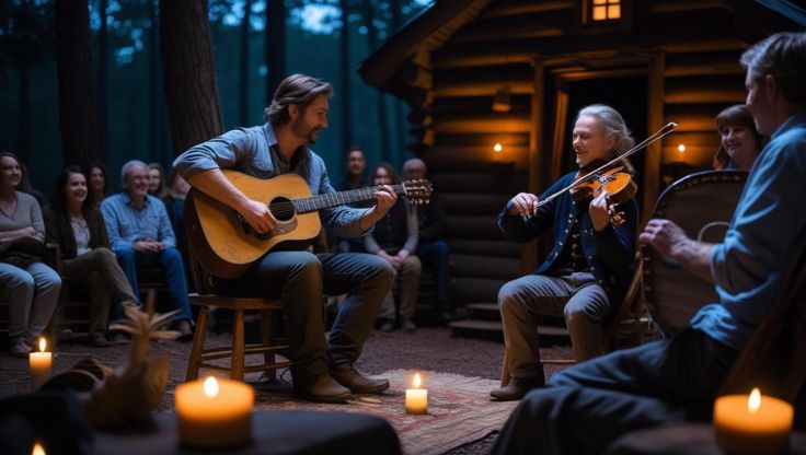 night scenes of a dark rustic cabin in the background with a guitar player, a fiddle player and a few people enjoying the concert by candle light