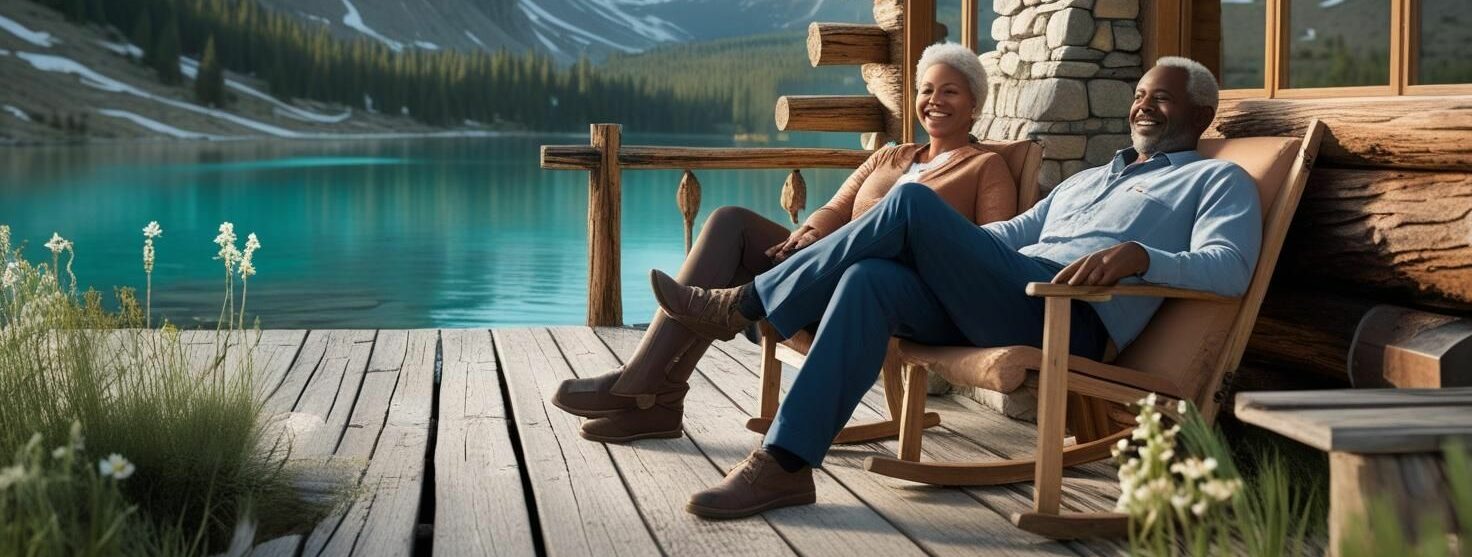scene of a husband and wife relaxing on the deck of their very rustic cabin by an alpine lake